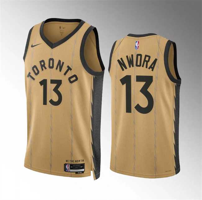 Mens Toronto Raptors #13 Jordan Nwora Gold 2023-24 City Edition Stitched Basketball Jersey Dzhi->toronto raptors->NBA Jersey